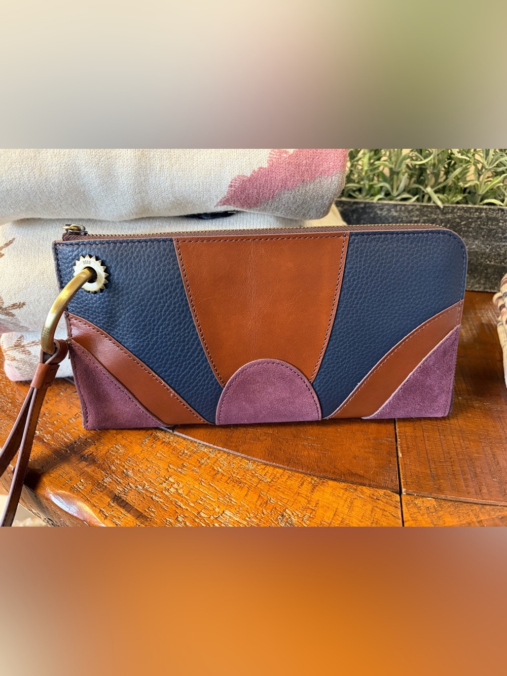 HOBO Colorblock Wristlet in Navy, Brown & Plum